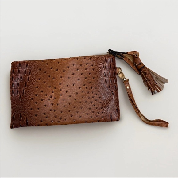 Versona Handbags - Versona Brown Faux Ostrich Croc Wristlet Clutch Tassel Zip Bag Bird Print Liner